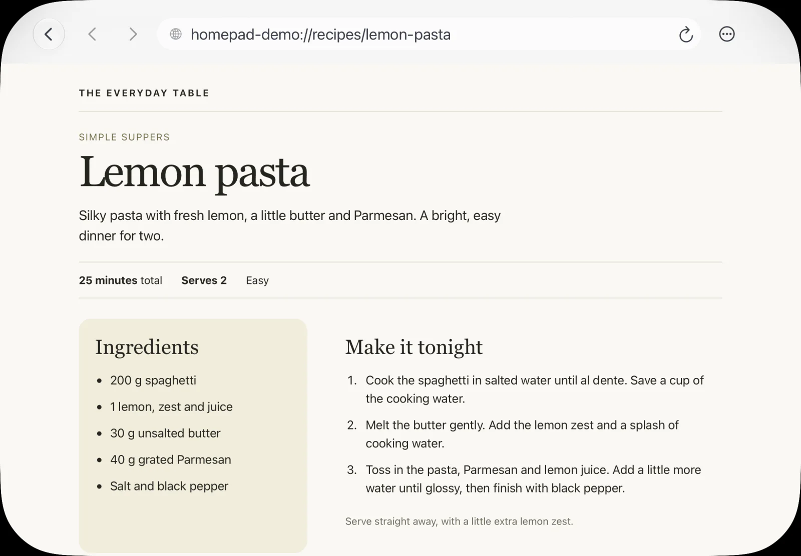 HomePad built-in browser displaying a fictional Lemon pasta recipe page