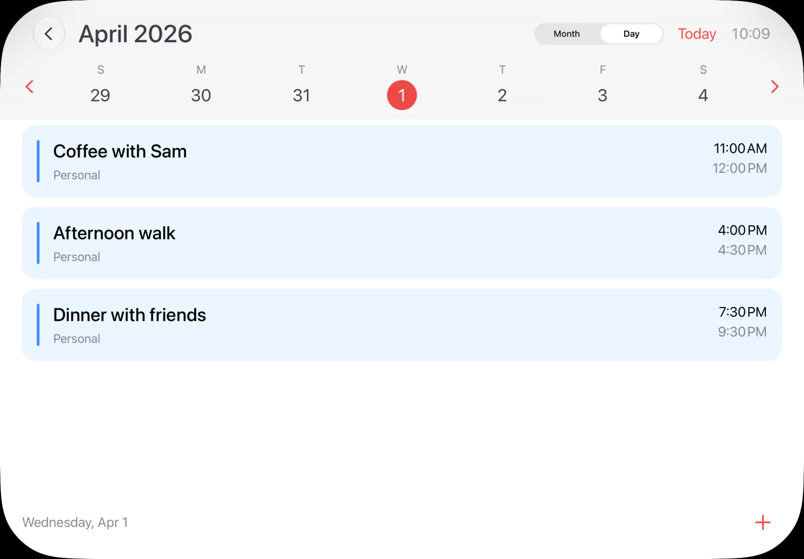 HomePad Calendar day view with three fictional plans: Coffee with Sam, Afternoon walk and Dinner with friends