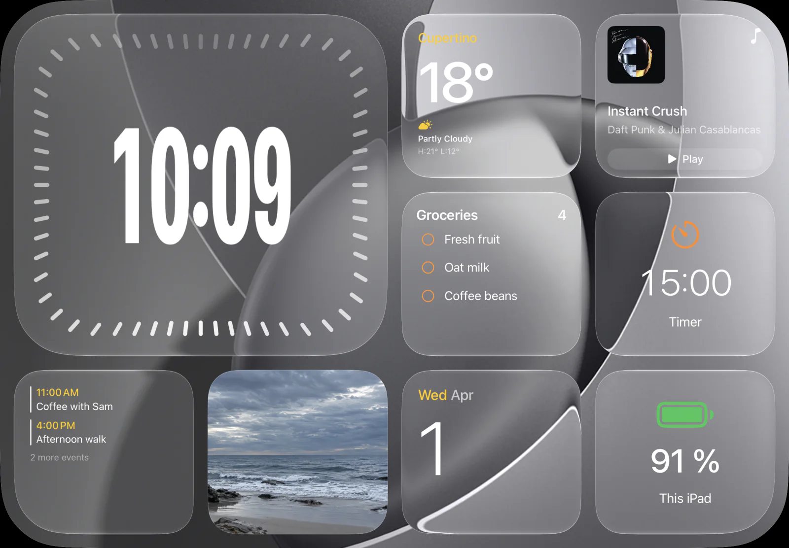 HomePad daily view with a clock, demo weather, shopping list, agenda, Daft Punk player, photo and timer