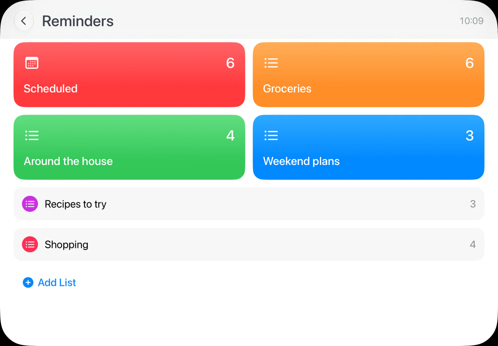 HomePad Reminders home with six scheduled reminders and demo lists for groceries, home tasks, weekend plans, recipes and shopping